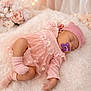 baby, sleeping, pink_dress, pacifier, hat, blanket, flowers, soft_lighting, cozy, infant, cute, portrait, toddler, newborn, sleep, soft_texture, indoor, decor, child, peaceful