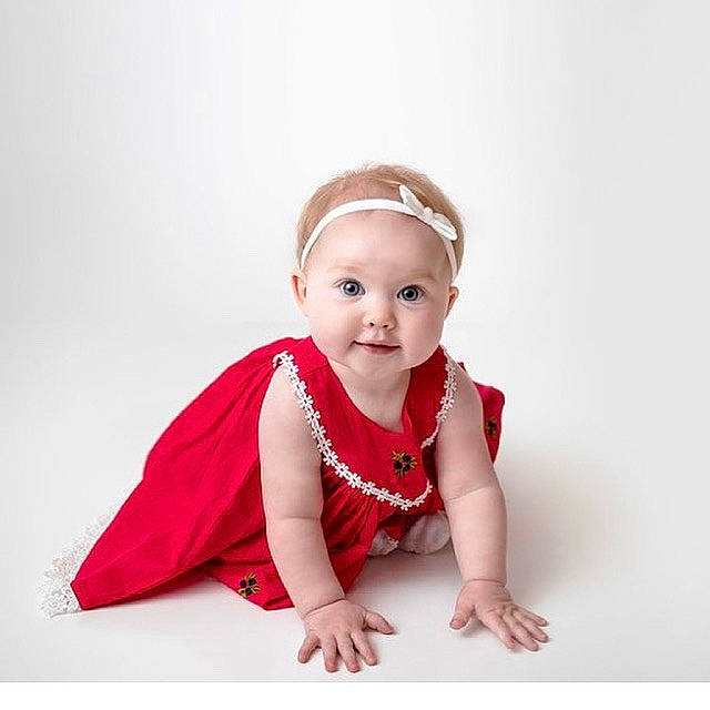 Mary Jo joined the competition — help win amazing prizes! baby, baby_toddler_clothing, cap, child, costume_hat, dress, fashion_accessory, flash_photography, fun, hair_accessory, happy, headband, headpiece, jewellery, laugh, magenta, person, portrait_photography, sleeve, smile