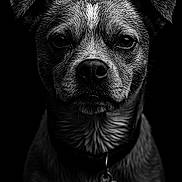 Ucco participe au concours pour gagner de l'argent avec cette photo : animal, black_and_white, close_up, collar, dark_background, detailed, dog, ears, expressive, face, fur, monochrome, nostrils, pet, portrait, serious, snout, studio_lighting, tag, whiskers