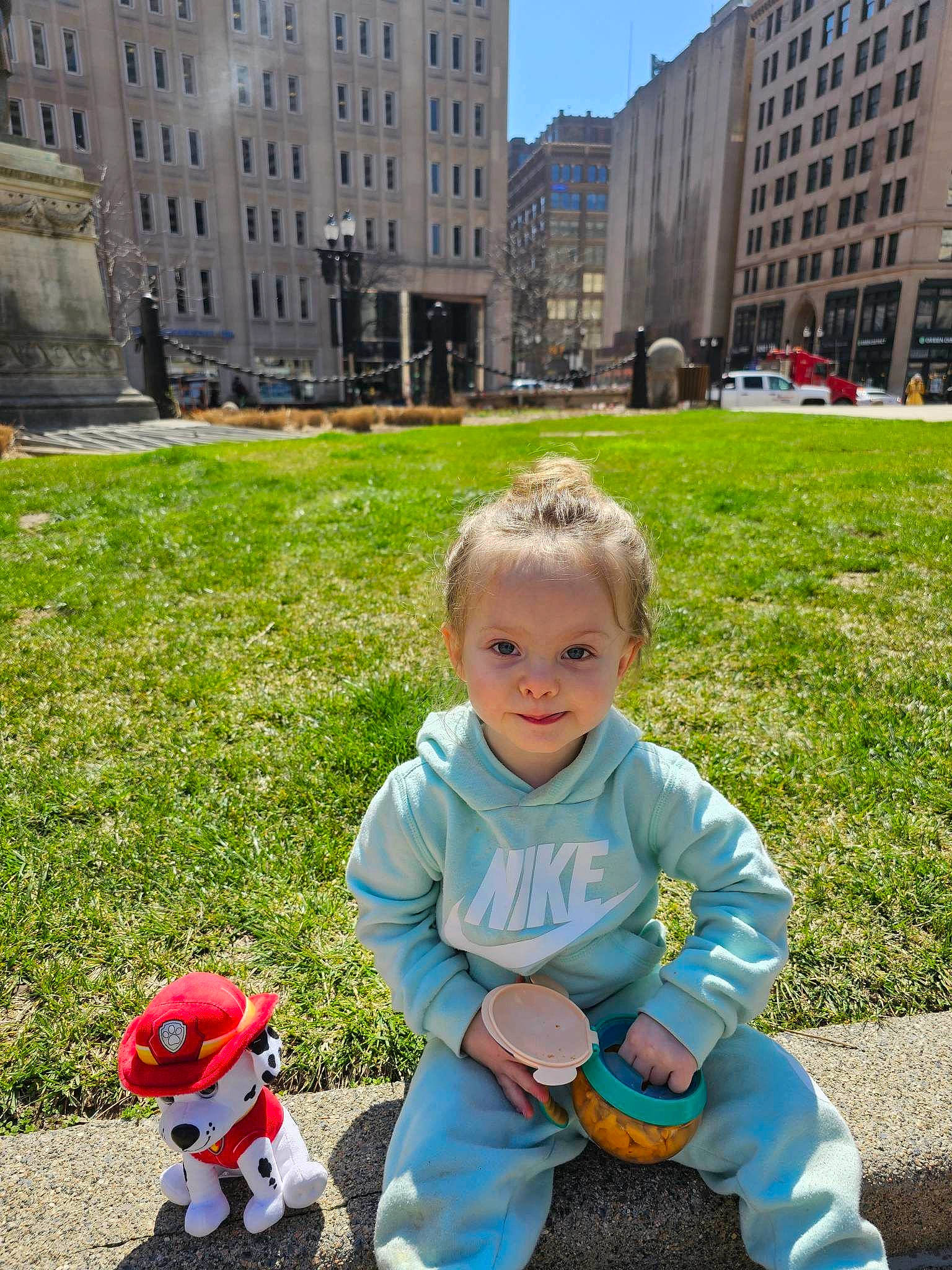 Serenity is registered to the contest to win money with this photo: baby, baby_toddler_clothing, building, child, city, fun, garden, grass, happy, lawn, leisure, people_in_nature, person, plant, recreation, sitting, snapshot, summer, toddler, toy