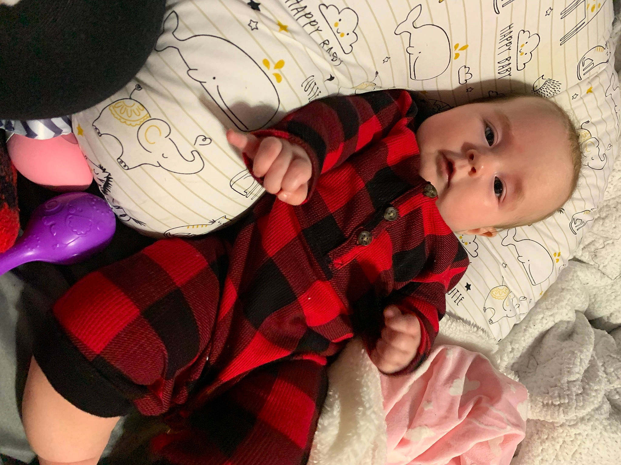 Agnes joined the competition — help win amazing prizes! arm, baby, baby_toddler_clothing, child, comfort, design, facial_expression, gesture, hand, linens, lip, mouth, pattern, person, pink, plaid, sleeve, tartan, textile, thigh