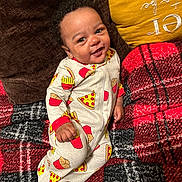 Jacob is registered to the contest to win money with this photo: baby, babylaughing, blanket, clothing, couch, cushion, face, furniture, happy, head, homedecor, laughing, newborn, pajamas, person, photography, portrait, quilt, sitting, smile