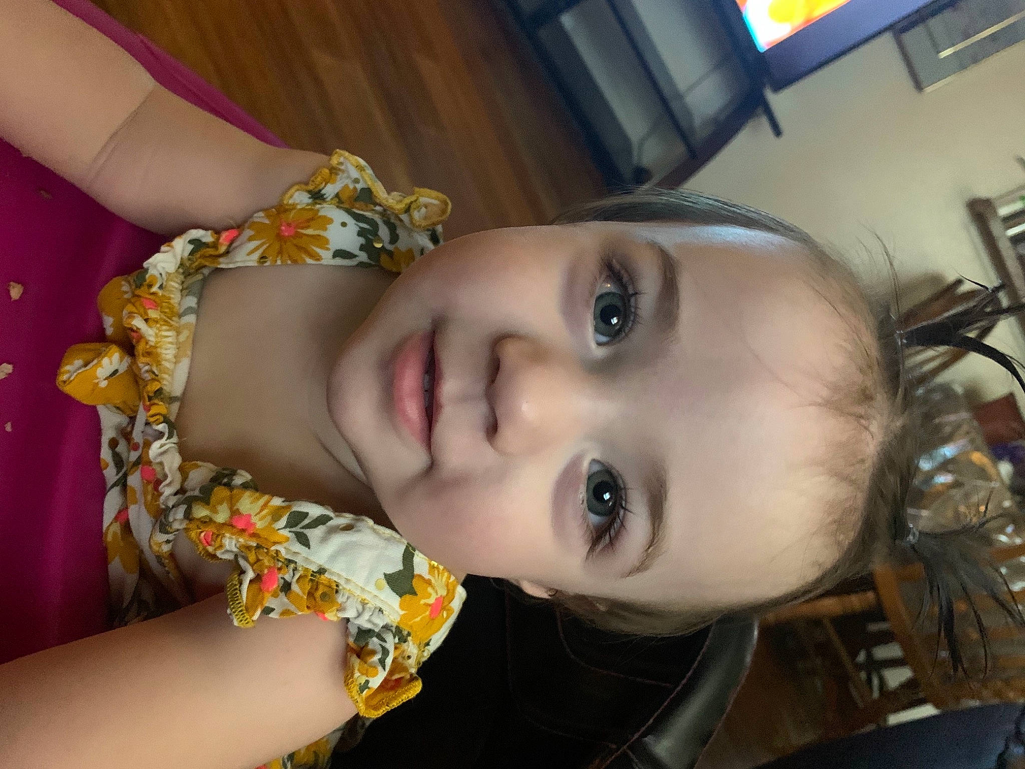 Izabella is registered to the contest to win money with this photo: black_hair, brown_hair, cheek, child, ear, eyebrow, eyelash, forehead, fun, happy, iris, jaw, lip, mouth, nose, person, picture_frame, plant, skin, smile