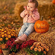 Avery joined the competition — help win amazing prizes! baby, child, toddler, halloween, pumpkin, hay_bale, flowers, chrysanthemums, outdoor, autumn, fall, pink_jacket, jeans, boots, hair_bow, sitting, portrait, smiling, seasonal, farm_scene