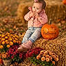 baby, child, toddler, halloween, pumpkin, hay_bale, flowers, chrysanthemums, outdoor, autumn, fall, pink_jacket, jeans, boots, hair_bow, sitting, portrait, smiling, seasonal, farm_scene