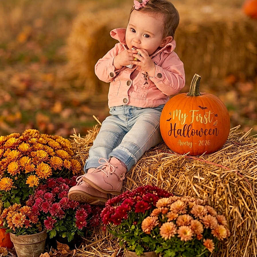 Avery joined the competition — help win amazing prizes! baby, child, toddler, halloween, pumpkin, hay_bale, flowers, chrysanthemums, outdoor, autumn, fall, pink_jacket, jeans, boots, hair_bow, sitting, portrait, smiling, seasonal, farm_scene