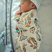 Liam is registered to the contest to win money with this photo: newborn, baby, sleeping, crib, mesh, hat, onesie, cartoon_characters, cute, cozy, infant, soft, peaceful, resting, child, bed, pajamas, closeup, indoors, portrait