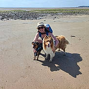 Nino participe au concours pour gagner de l'argent avec cette photo : backpack, beach, coast, dog, fur, happy, hat, leash, nature, outdoor, person, rock, sand, shadow, sky, smile, sunglasses, sunlight, vacation, water