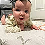 Alina joined the competition — help win amazing prizes! baby, infant, child, headband, bow, milestone_blanket, 7_months, floor, indoor, curious, cute, hands, face, blue_eyes, pale_skin, clothing, long_sleeves, carpet, door, toy_ring
