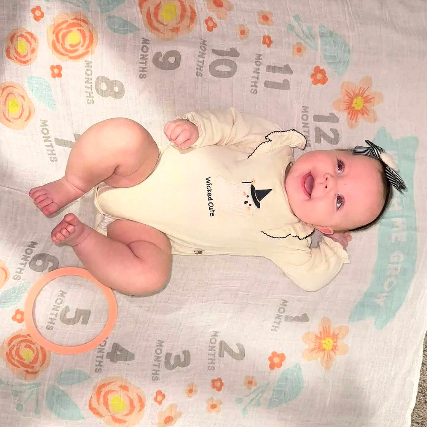 Alina joined the competition — help win amazing prizes! baby, baby_boy, baby_girl, carpet, celebration, child, cute, flower_pattern, hands, happy, headband, indoors, infant, lying_down, milestone_blanket, months, onesie, portrait, skin, smiling