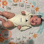 Alina joined the competition — help win amazing prizes! baby, infant, smiling, lying_down, onesie, headband, milestone_blanket, months, flower_pattern, cute, child, happy, indoor, person, apparel, fabric, skin, hand, foot, celebration