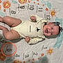 baby, infant, smiling, lying_down, onesie, headband, milestone_blanket, months, flower_pattern, cute, child, happy, indoor, person, apparel, fabric, skin, hand, foot, celebration
