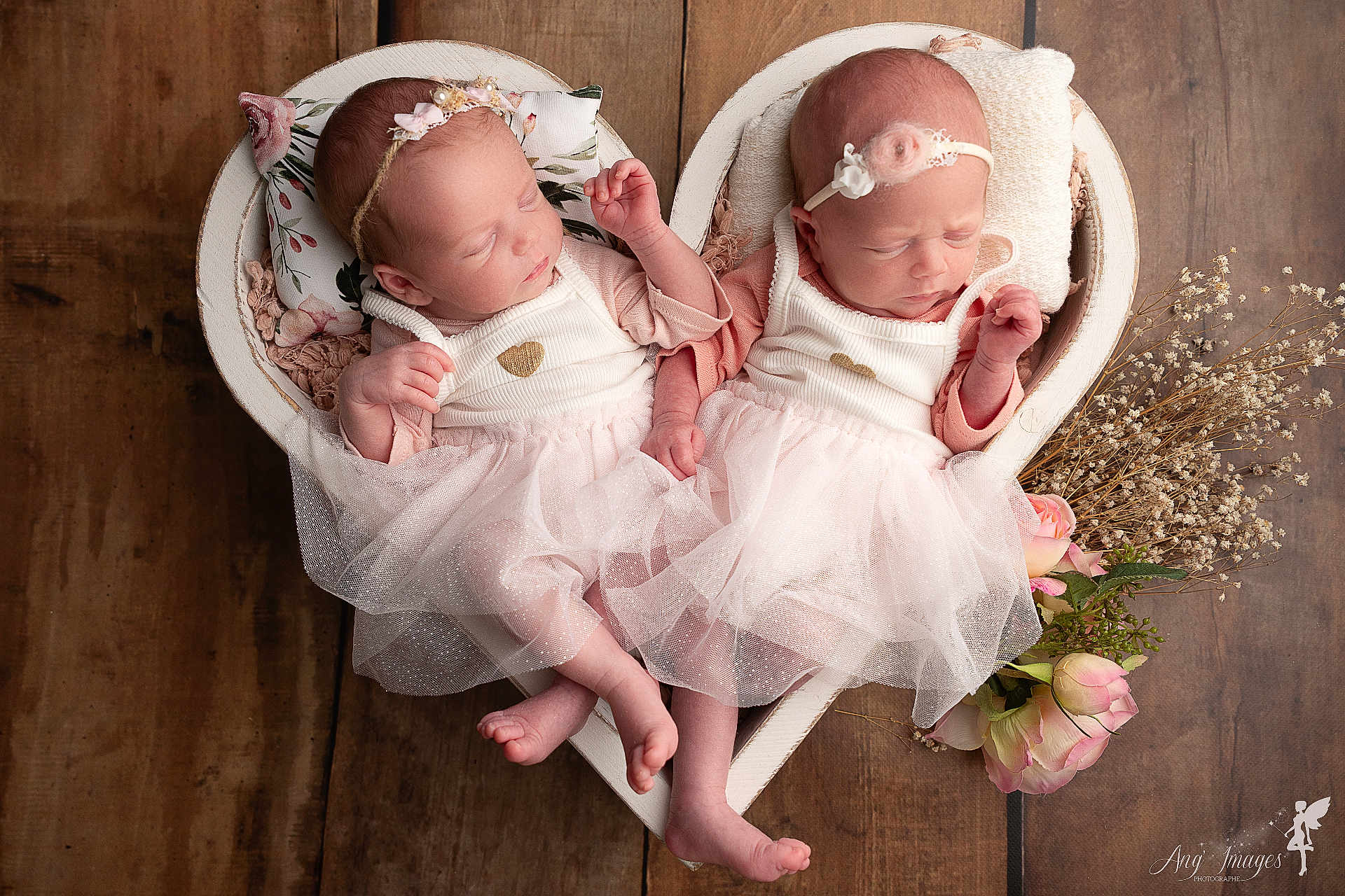 Manaé Et Judith a rejoint le concours — aidez-le/la à gagner de superbes lots ! newborn, baby, tutu, headband, sleeping, heart_shaped_basket, flowers, wooden_floor, pink, cute, infant, twin, soft_pillow, peaceful, delicate, portrait, resting, indoors, baby_clothes, sweet