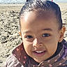 Linaya a rejoint le concours — aidez-le/la à gagner de superbes lots ! beach, candid, child, closeup, coast, earring, eyes, hair_bun, jacket, kid, ocean, outdoors, polka_dot, portrait, sand, smile, sunny, teeth, waves, young_person