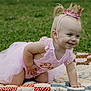 Skylar is registered to the contest to win money with this photo: baby, birthday, celebration, child, crawling, crown, cute, first_birthday, girl, grass, happy, headband, lace, one_year_old, outdoor, pink_dress, portrait, quilt, smiling, toddler
