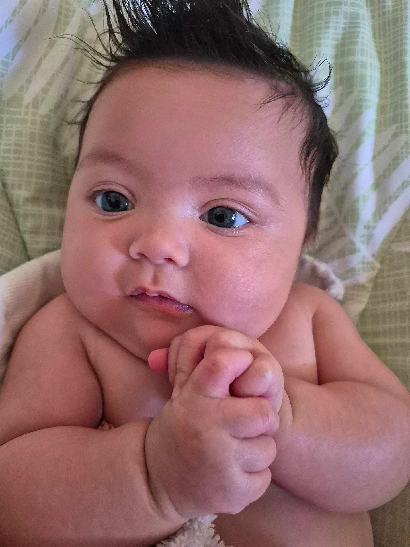 Kira joined the competition — help win amazing prizes! baby, infant, face, hands, skin, hair, eyes, expression, cute, child, newborn, portrait, closeup, human, person, soft, blanket, indoors, chubby, wrapping