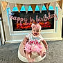 baby, infant, girl, pink_tutu, headband, smiling, baby_seat, carpet, fireplace, decorations, banner, happy, celebration, indoor, half_birthday, cute, young_child, clothing, home, festive