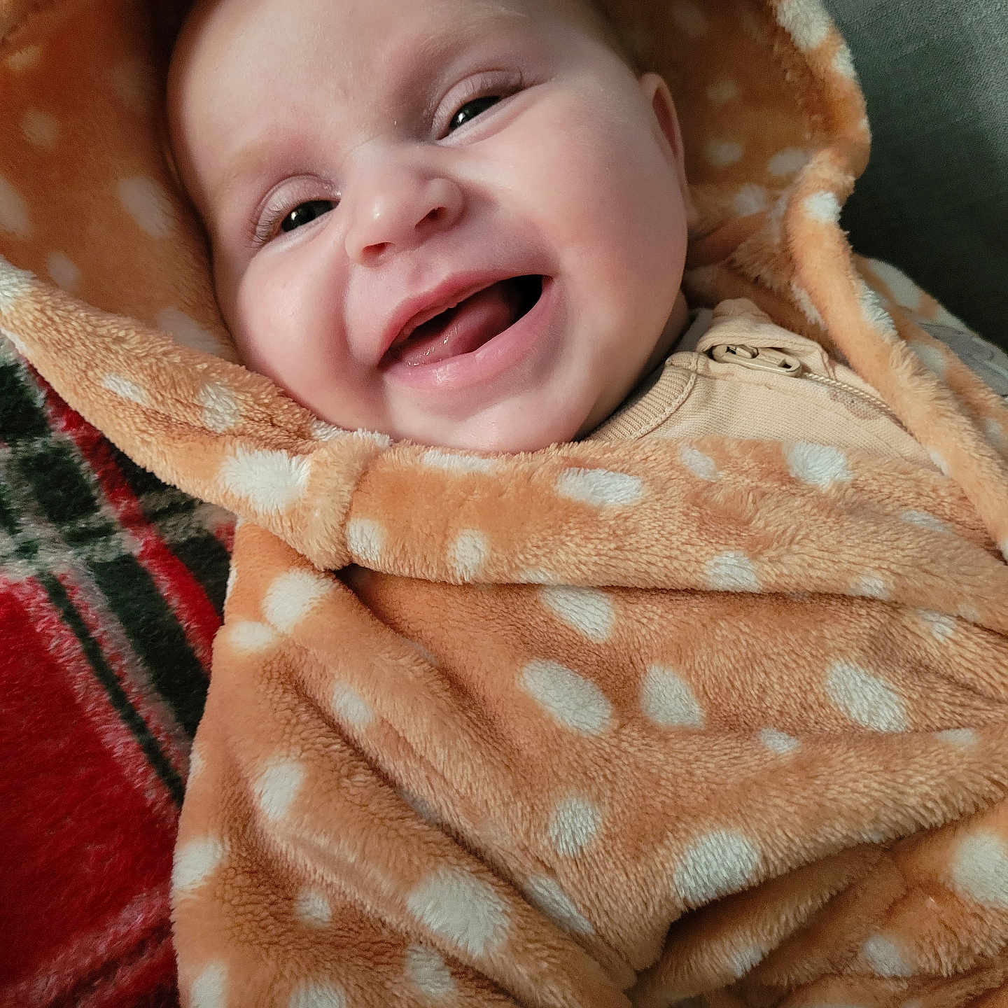 Olivia is registered to the contest to win money with this photo: baby, blanket, bonnet, clothing, face, happy, hat, head, hood, hoodie, knitwear, newborn, person, photography, portrait, quilt, smile, sweater, sweatshirt, towel