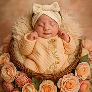 Sabnoor joined the competition — help win amazing prizes! baby, sleeping, headband, bow, basket, flowers, roses, peach, pink, blanket, cute, infant, portrait, floral_arrangement, soft_light, cozy, newborn, decor, peaceful, wrapped