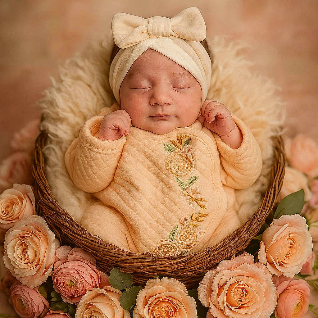 Sabnoor joined the competition — help win amazing prizes! baby, basket, blanket, bow, cozy, cute, decor, floral_arrangement, flowers, headband, infant, newborn, peaceful, peach, pink, portrait, roses, sleeping, soft_light, wrapped