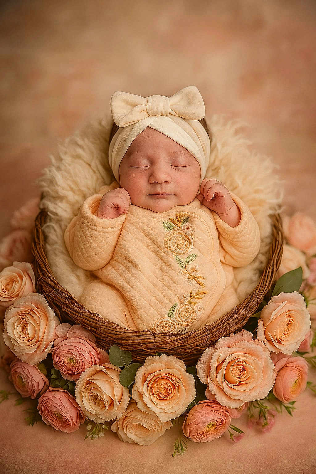 Sabnoor joined the competition — help win amazing prizes! baby, sleeping, headband, bow, basket, flowers, roses, peach, pink, blanket, cute, infant, portrait, floral_arrangement, soft_light, cozy, newborn, decor, peaceful, wrapped
