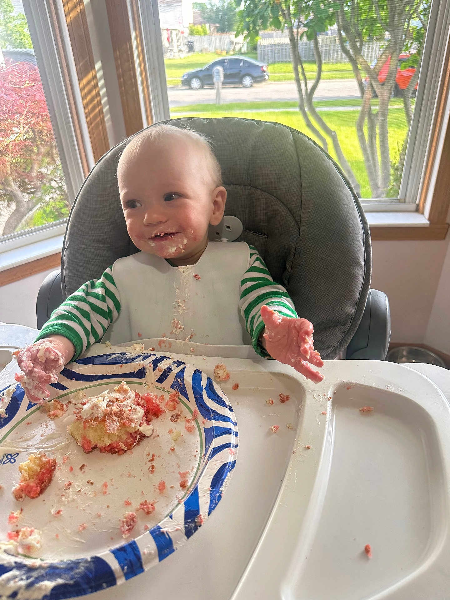 Dexton joined the competition — help win amazing prizes! toddler, high_chair, cake, messy, frosting, smiling, baby, plate, food, indoor, window, daylight, greenery, tree, house, car, bib, cheerful, hands, face