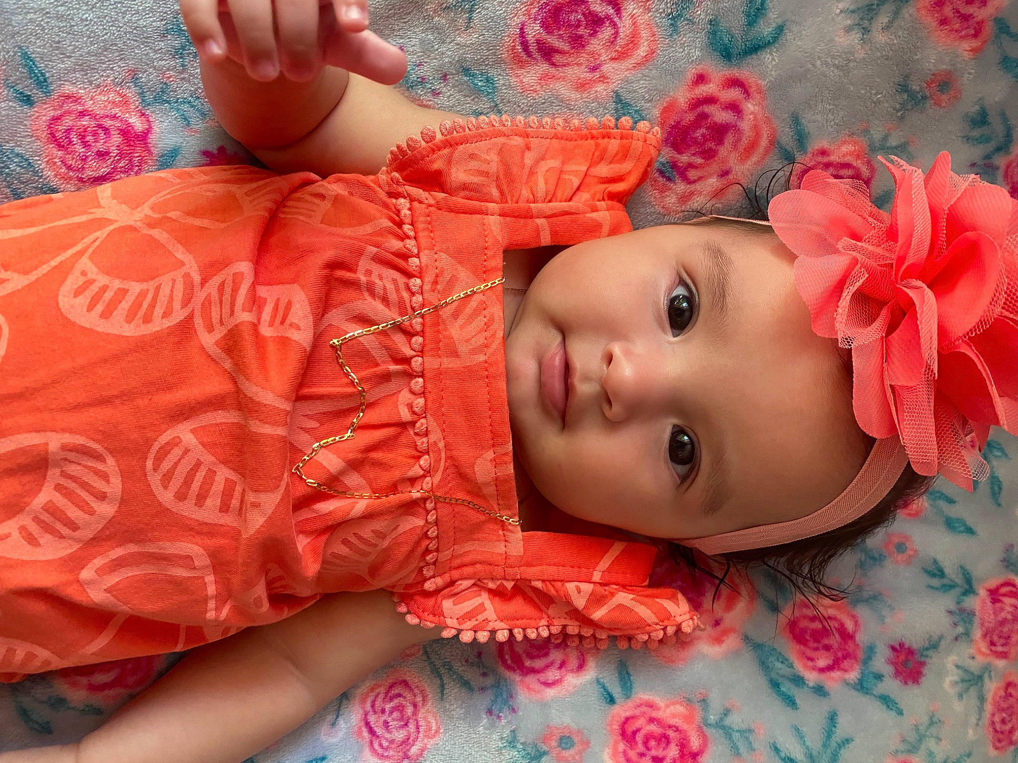 Aliah is registered to the contest to win money with this photo: cheek, chin, doll, dress, eye, eyebrow, eyelash, face, facial_expression, flower, head, headwear, iris, lip, mouth, nose, orange, person, pink, red