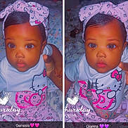 Genesis Gianna is registered to the contest to win money with this photo: baby, child, indoor, hello_kitty, headband, pink, purple, clothing, cute, portrait, person, sitting, infant, bedroom, pattern, sleepwear, hand, expression, face, closeup