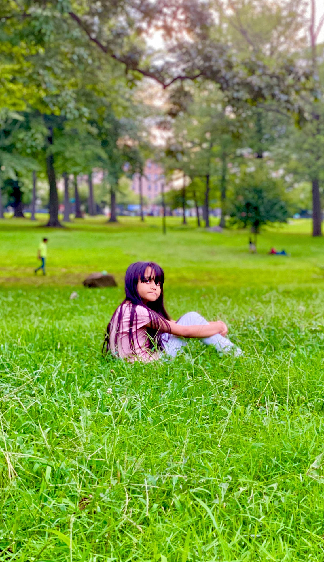 Anabia is registered to the contest to win money with this photo: dress, glasses, grass, grass_family, grassland, green, groundcover, happy, landscape, leisure, mammal, meadow, natural_landscape, people_in_nature, person, plant, recreation, sunlight, toy, tree