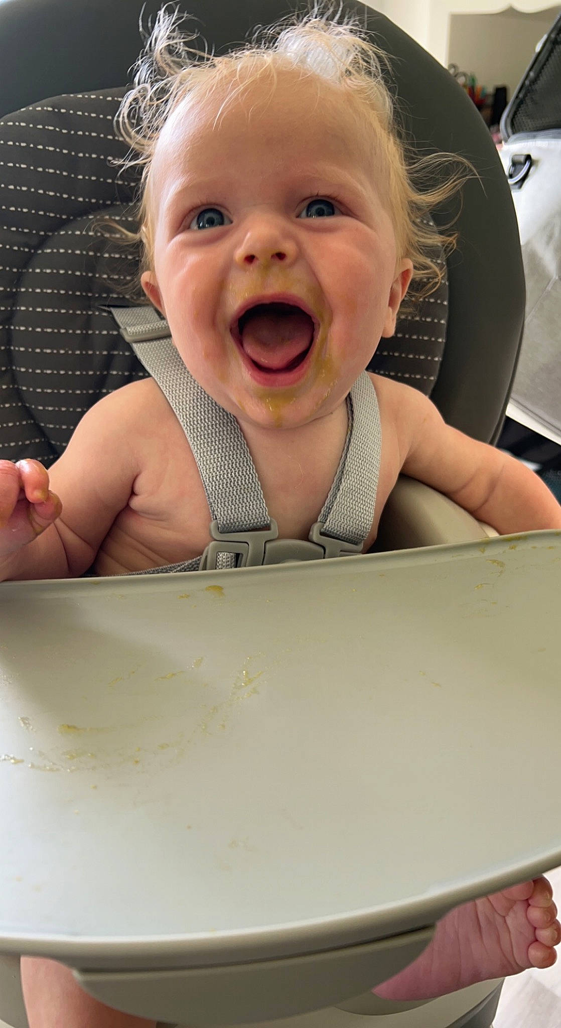 Sawyer is registered to the contest to win money with this photo: baby, baby_laughing, baby_safety, baby_toddler_clothing, cheek, child, comfort, eyebrow, face, facial_expression, fun, happy, iris, mouth, nose, person, shout, skin, sleeve, smile