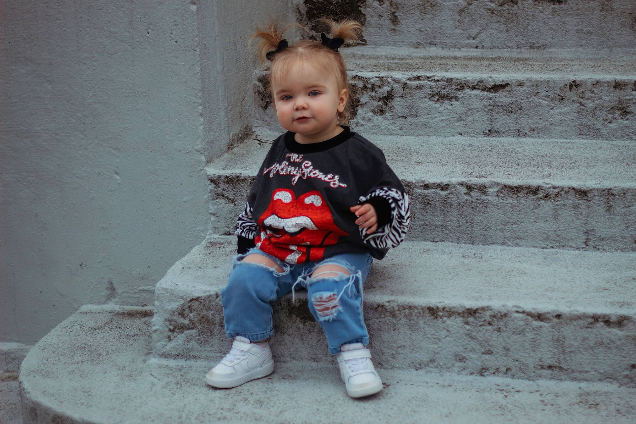 Kinslee joined the competition — help win amazing prizes! baby_toddler_clothing, carmine, child, concrete, denim, flash_photography, flooring, fun, grey, happy, outdoor_shoe, pattern, person, portrait_photography, sitting, sleeve, sock, t_shirt, toddler, walking_shoe