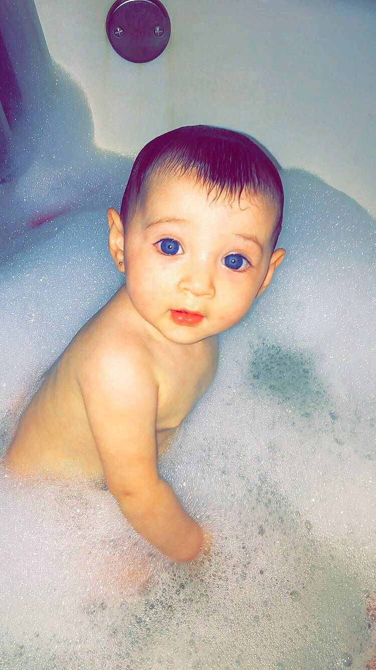 Annaliese joined the competition — help win amazing prizes! baby, baby_bathing, bathing, bathtub, child, eye, face, fun, head, person, skin, smile, toddler
