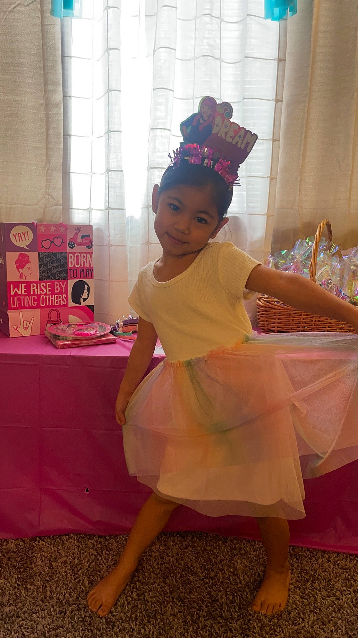 Lily joined the competition — help win amazing prizes! arm, ballet_tutu, child, costume, dance, dress, event, fashion_accessory, fashion_design, happy, hat, headpiece, human_body, human_leg, joy, leg, magenta, peach, person, pink
