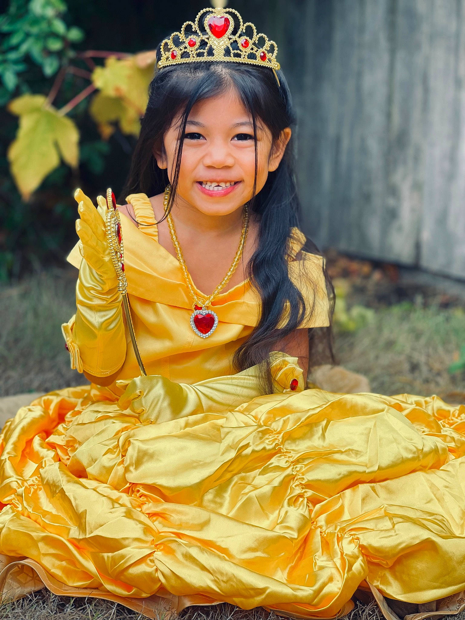 Lily is registered to the contest to win money with this photo: beauty, costume, dress, embellishment, event, eye, face, fashion_design, flash_photography, formal_wear, happy, headpiece, jewellery, joy, people_in_nature, person, plant, ruffle, sitting, sleeve