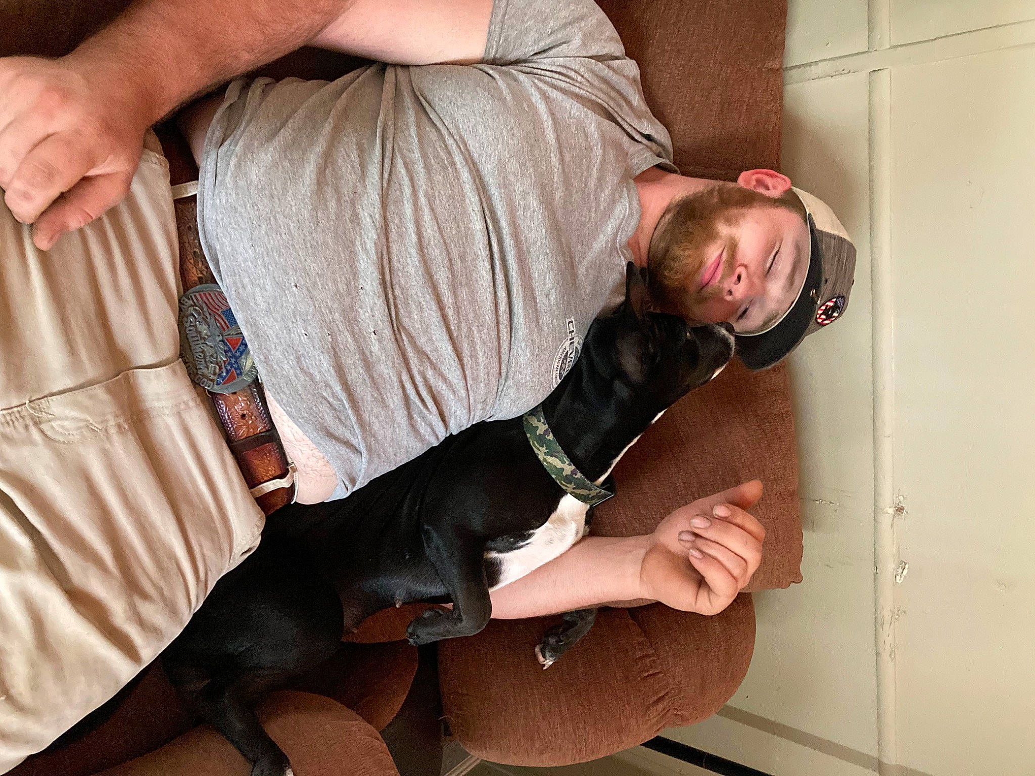 Susie Mae is registered to the contest to win money with this photo: abdomen, carnivore, chest, comfort, companion_dog, dog, dog_breed, elbow, finger, human_leg, joint, knee, lap, sitting, sleeve, sporting_group, thigh, trunk, waist, wrist