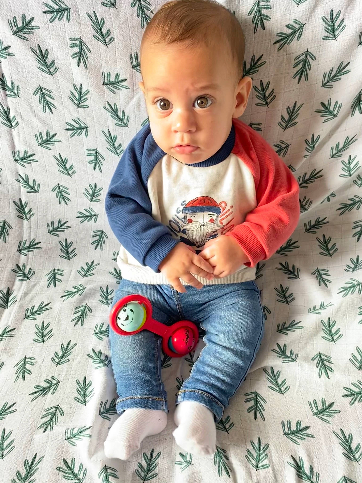 Eden participe au concours pour gagner de l'argent avec cette photo : baby, baby_toddler_clothing, blue, child, comfort, design, facial_expression, grass, hairstyle, happy, head, linens, pattern, person, skin, sleeve, standing, t_shirt, textile, toddler