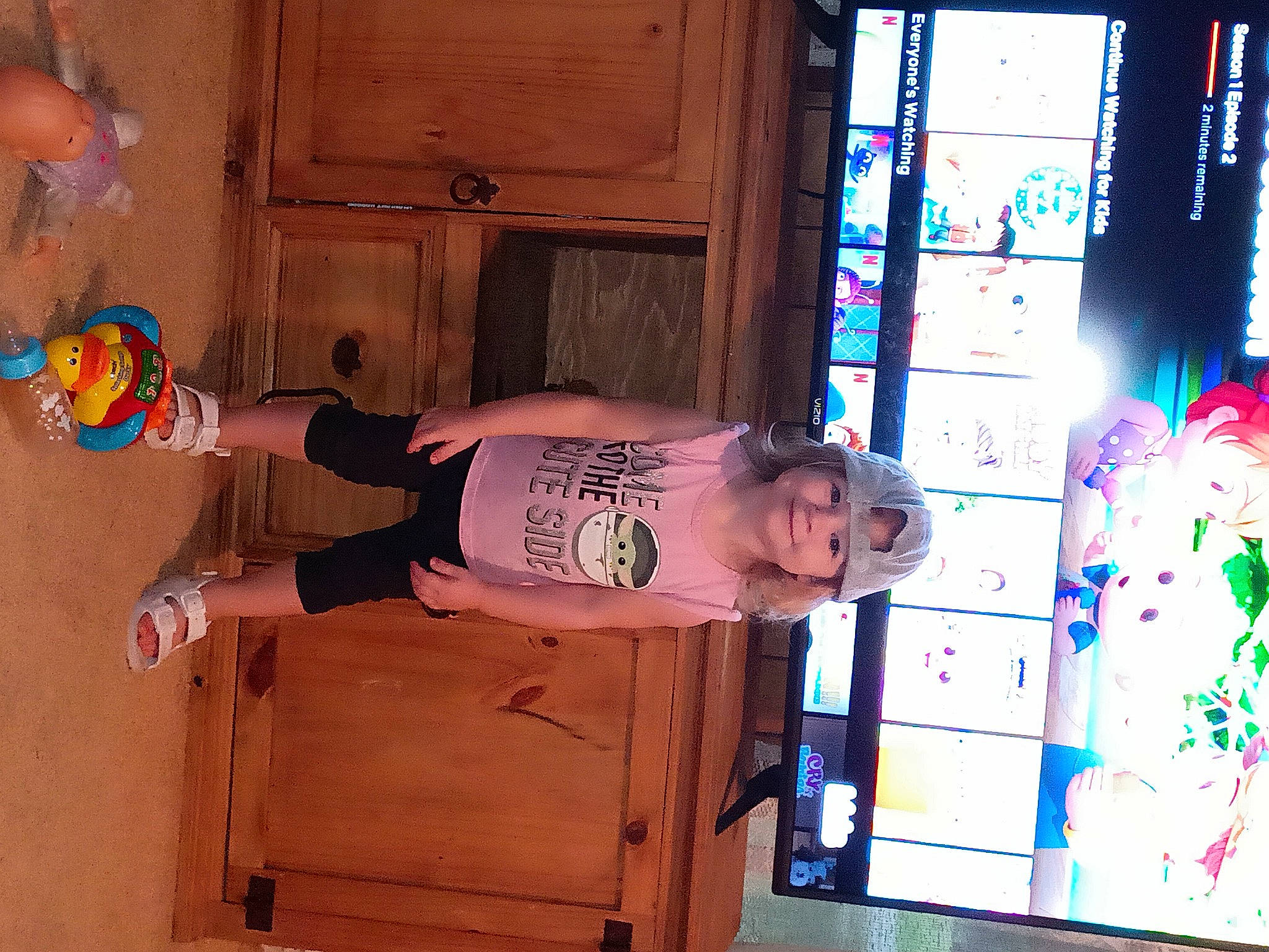 Athena joined the competition — help win amazing prizes! display_device, door, event, flat_panel_display, flooring, fun, hardwood, hat, headwear, joy, knee, machine, person, room, shorts, t_shirt, thigh, visual_arts, walking_shoe, wall