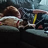 dog, person, couch, indoor, resting, sleeping, red_collar, hair, casual_clothing, furniture, relaxation, companion, animal, pet, home, cozy, living_room, blanket, comfort, friendship