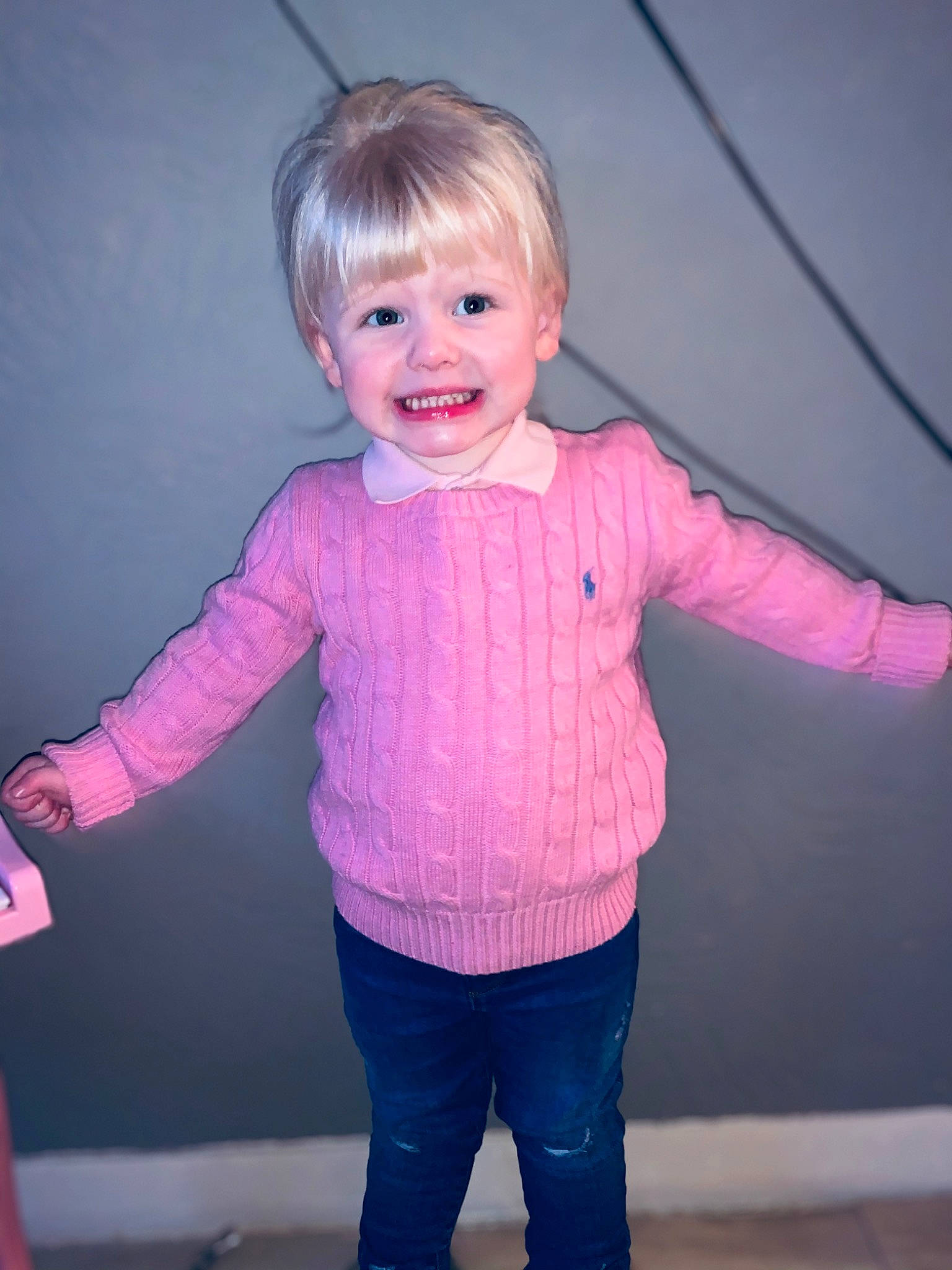 Layla-mae joined the competition — help win amazing prizes! arm, baby, cheek, child, child_model, face, jeans, joy, magenta, outerwear, person, pink, play, purple, skin, sleeve, smile, standing, t_shirt, toddler