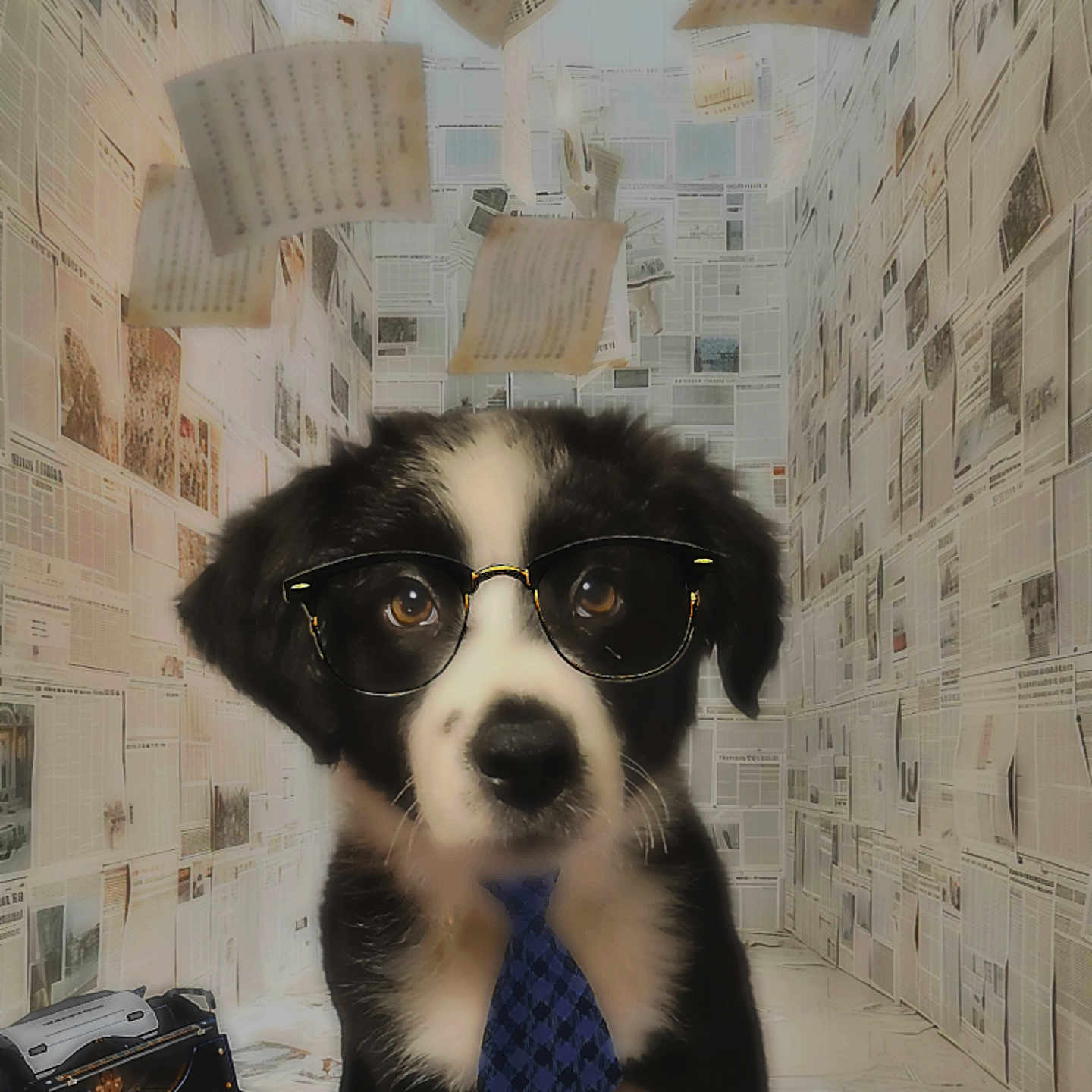 Snookums is registered to the contest to win money with this photo: black_and_white, business, cute, decor, dog, floating_paper, funny, glasses, indoor, newspaper, paper, pet, portrait, puppy, room, studio, tie, typewriter, vintage, young_dog