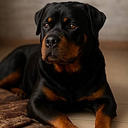 Aka participe au concours pour gagner de l'argent avec cette photo : rottweiler, dog, canine, pet, animal, lying_down, brown_rug, floor, tile_floor, black_and_tan, portrait, indoor, calm, close_up, fur, paw, ears, nose, muzzle, expression