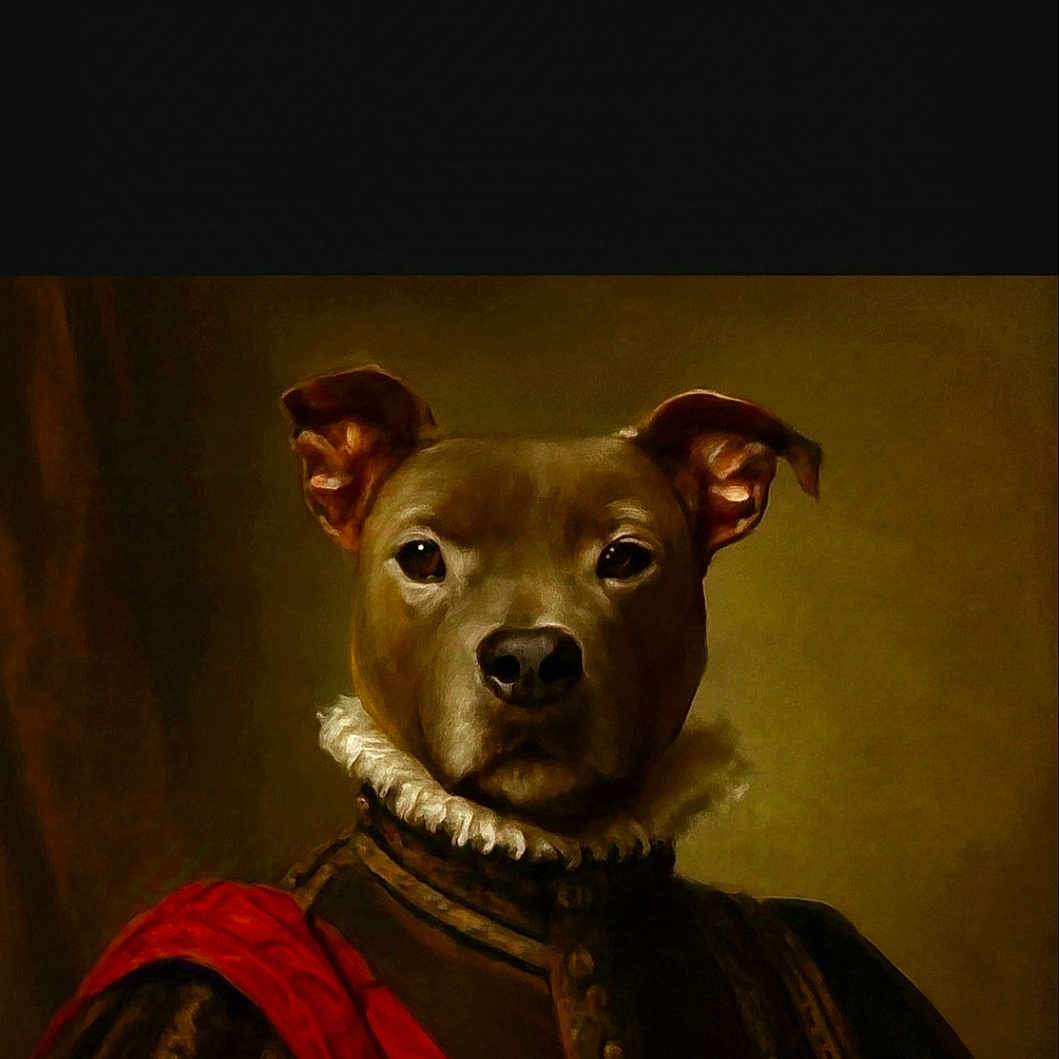Nala Staffordshire a rejoint le concours — aidez-le/la à gagner de superbes lots ! animal_portrait, aristocratic, artistic, brown_dog, canine, closeup, costume, costumed_animal, dog, face, historical_style, noble, painting_style, portrait, red_sash, regal, ruff_collar, serious_expression, studio_lighting, vintage_clothing