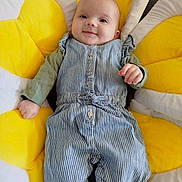 Naeily a rejoint le concours — aidez-le/la à gagner de superbes lots ! baby, child, smile, face, overalls, striped_clothing, cushion, yellow, flower_shape, indoor, happy, cute, infant, person, portrait, clothing, relaxing, head, hand, comfort