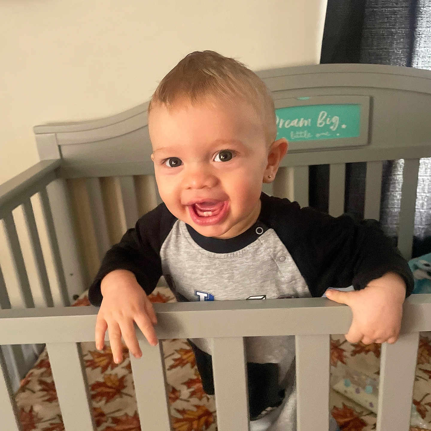 Grayson joined the competition — help win amazing prizes! baby, babylaughing, bed, clothing, couch, crib, cushion, face, furniture, happy, head, homedecor, indoors, infantbed, laughing, pants, person, photography, portrait, railing