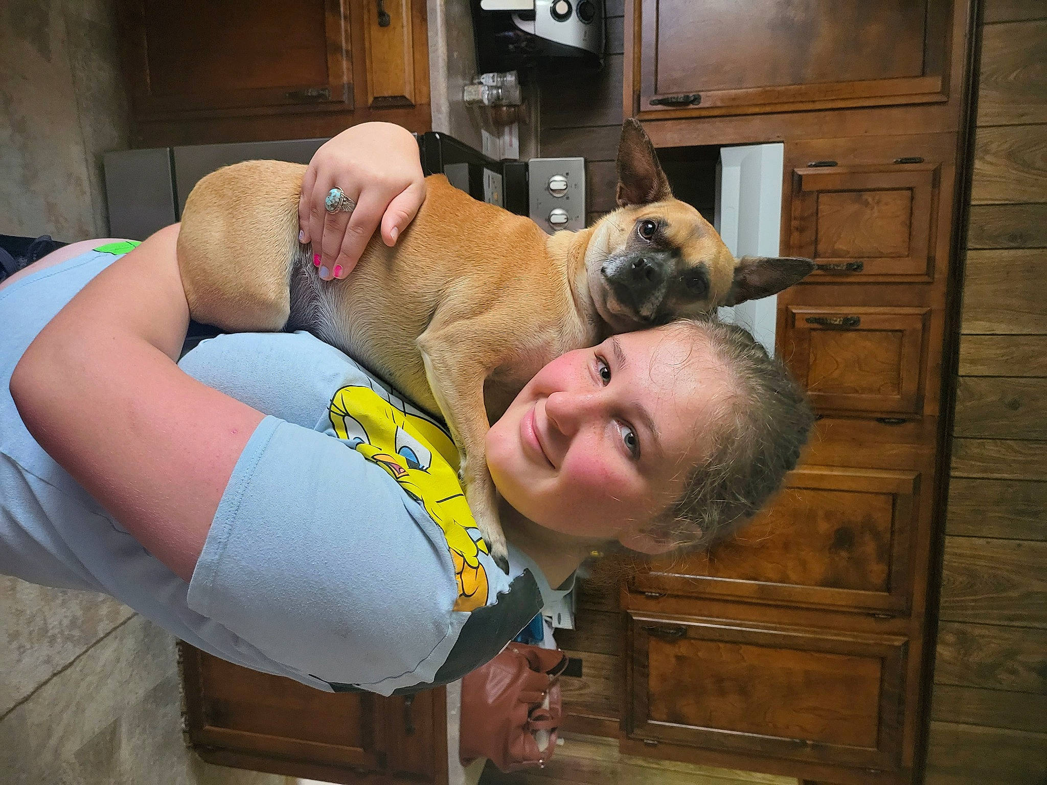 Sequoia joined the competition — help win amazing prizes! abdomen, cabinetry, child, comfort, companion_dog, dog, dog_breed, door, fawn, fun, fur, happy, human_leg, joy, leisure, person, room, smile, snout, thigh