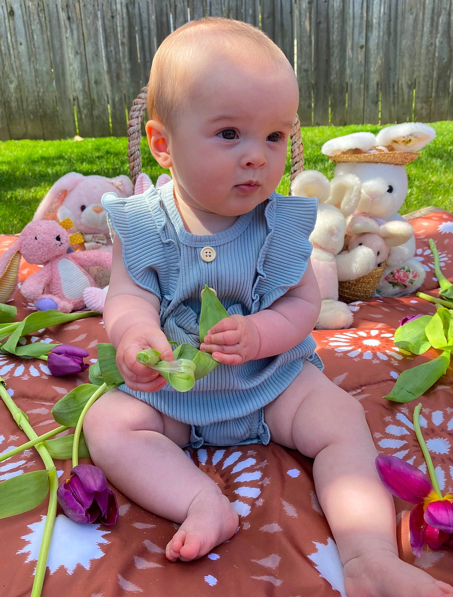 Jemma is registered to the contest to win money with this photo: baby, baby_toddler_clothing, cheek, child, fun, garden, grass, happy, head, human_body, lap, leisure, people_in_nature, person, pink, plant, sitting, skin, thigh, toddler