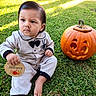 Sebastian joined the competition — help win amazing prizes! toddler, child, pumpkin, halloween, costume, grass, outdoor, carved_pumpkin, sign, cute, face_paint, baby, fall, holiday, expression, nature, sitting, person, seasonal, daylight