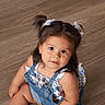 Layla joined the competition — help win amazing prizes! child, curious, cute, denim_overalls, face, fashion, floral_top, girl, hair, indoors, person, pigtails, portrait, sitting, skin, smiling, toddler, white_bows, wooden_floor, young_child