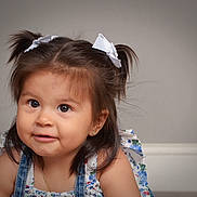 Layla is registered to the contest to win money with this photo: toddler, child, girl, portrait, pigtails, bows, smile, cute, face, eyes, denim, floral, clothing, young_child, innocence, indoor, person, baby, happy, headshot