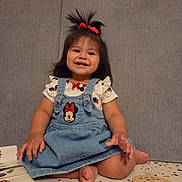 Layla joined the competition — help win amazing prizes! toddler, child, smiling, happy, sitting, denim_dress, minnie_mouse, hair_bow, red_bow, cute, indoors, floor_mat, playful, baby, portrait, clothing, person, face, feet, hand